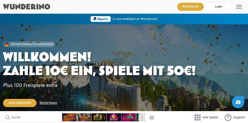 Wunderino Casino zahle 10 € und spiele mit 50 €_100 Freispiele
